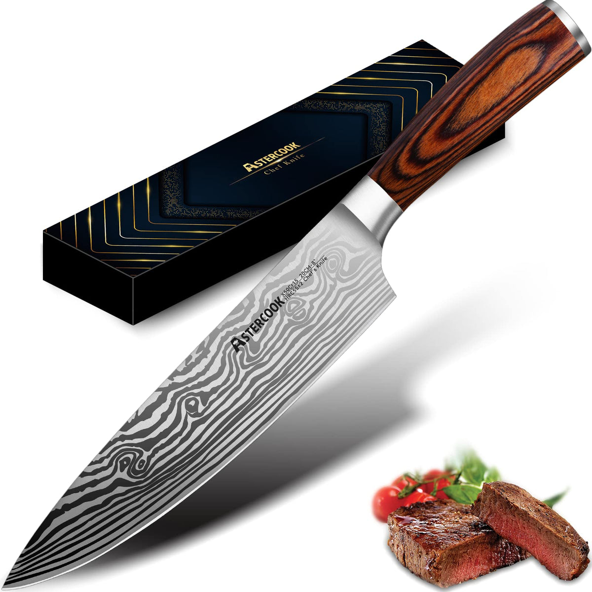 Astercook 8-Inch Chef Knife blade close-up showing sharp edge for clean cuts