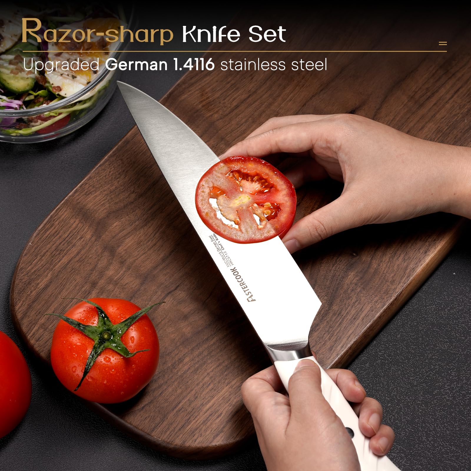 Astercook 8-inch chef knife close-up showing a sharp edge for effortless chopping