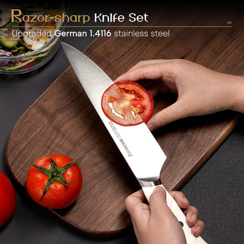 Astercook 8-inch chef knife close-up showing a sharp edge for effortless chopping