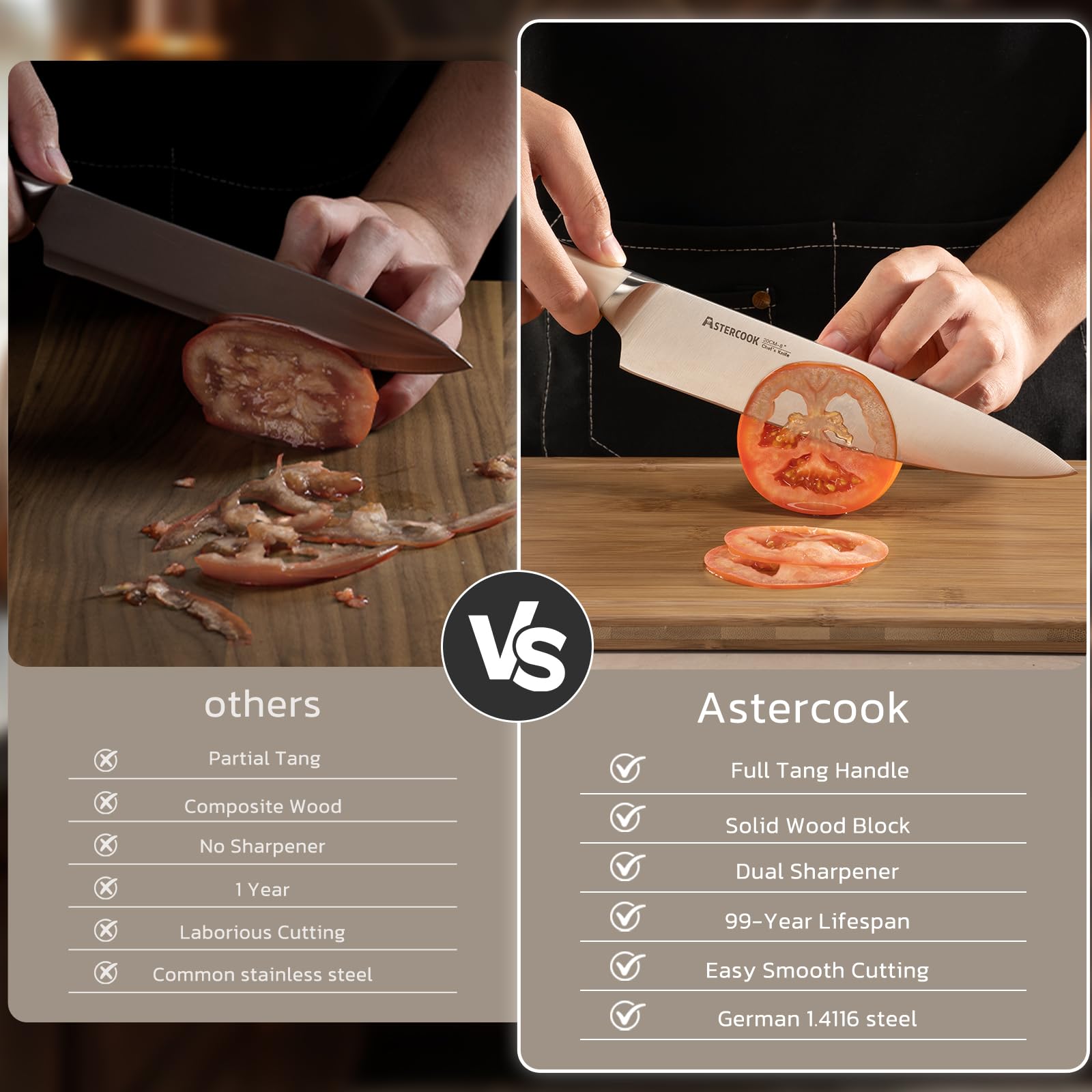 Astercook 8in chef knife with balanced full-tang grip