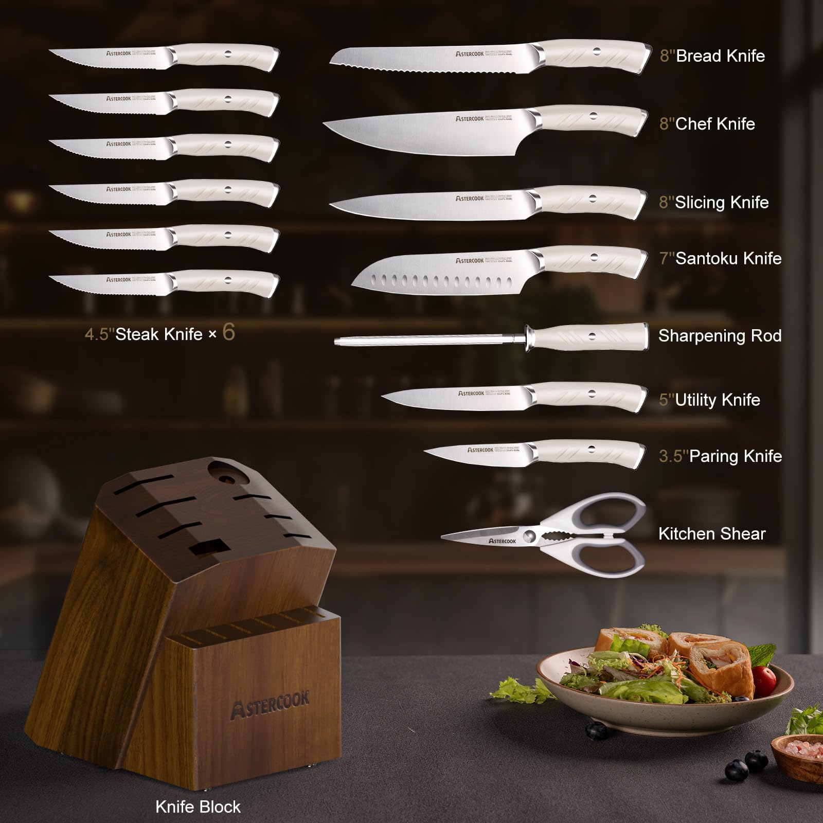Astercook 8-inch chef knife close-up showing full tang and ergonomic handle