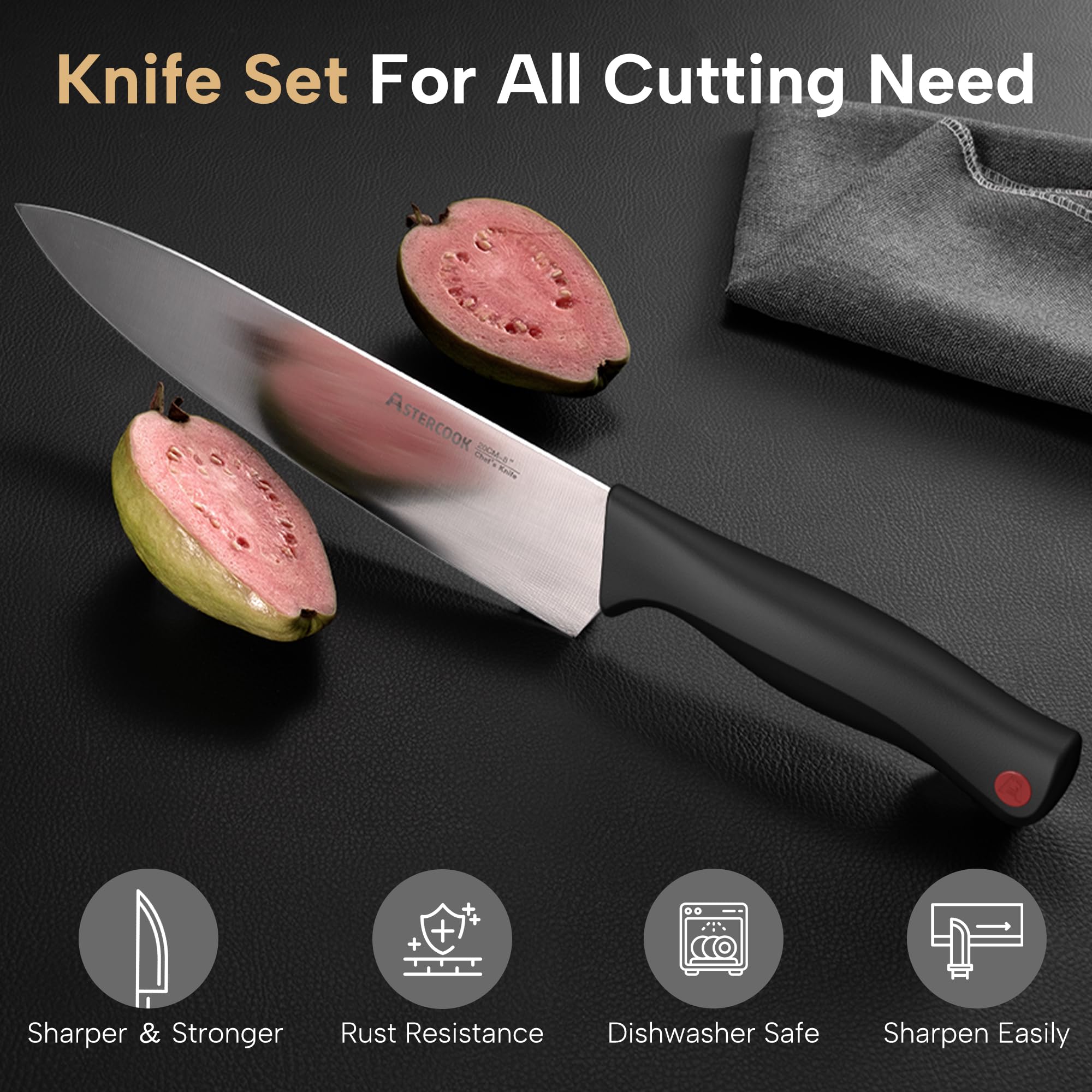 Astercook 8 inch chef knife for precise chopping.