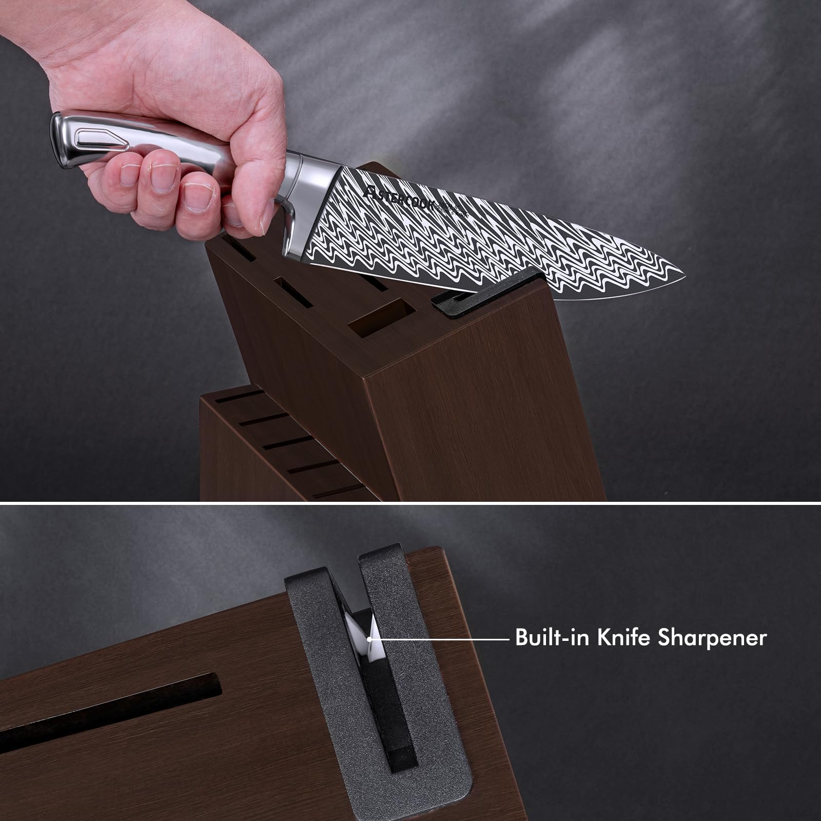 Astercook acacia wood knife block keeps blades organized.