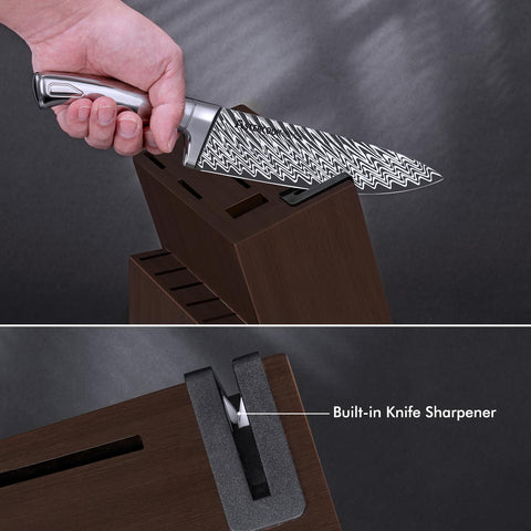 Astercook acacia wood knife block keeps blades organized.