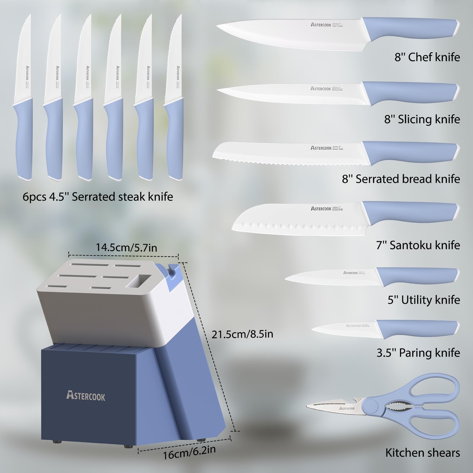 Astercook bamboo block keeps knives organized while saving countertop space.
