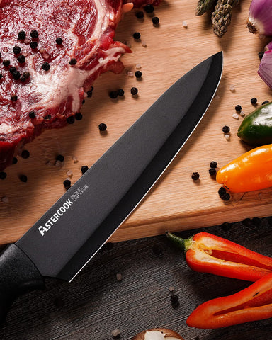 Astercook black hardwood knife block keeps blades organized and accessible.