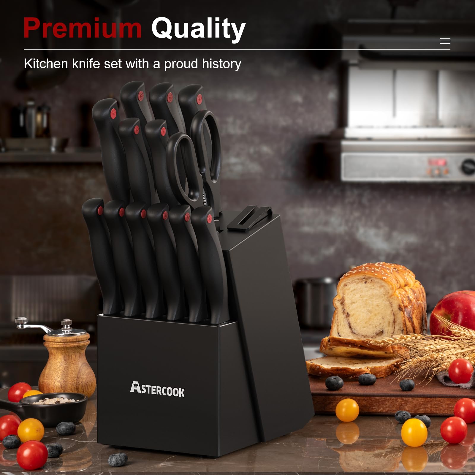 Astercook 8-inch serrated bread knife for clean crust cuts and even slices.