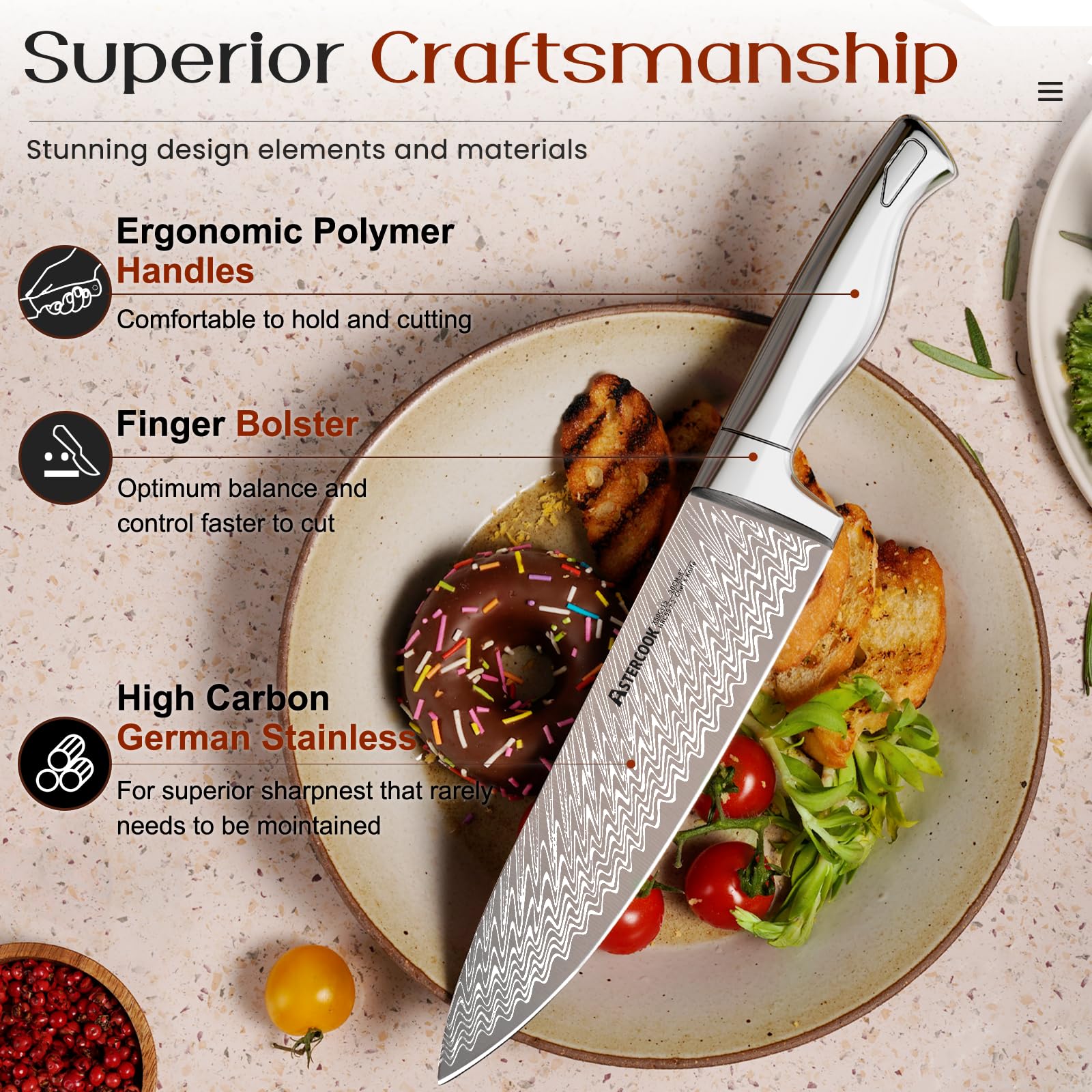 Astercook bread knife ensures clean, even slices through crust.