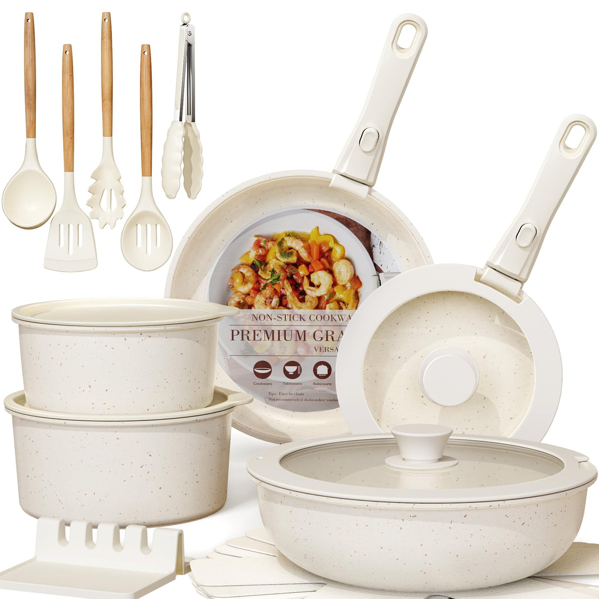 Astercook ceramic nonstick 21pc set on stove shows even heat for easy cooking.