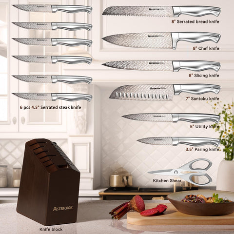 Astercook chef knife highlights ultra-sharp German steel for precise slicing.