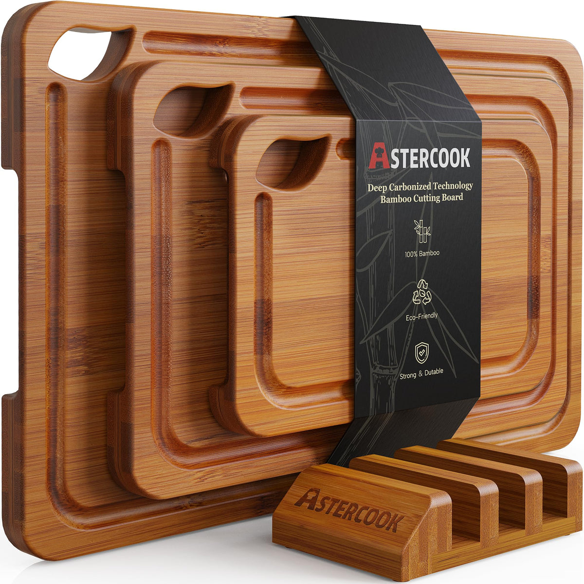 Astercook Deep-Carbonized Bamboo cutting board set with storage stand for organized kitchen use