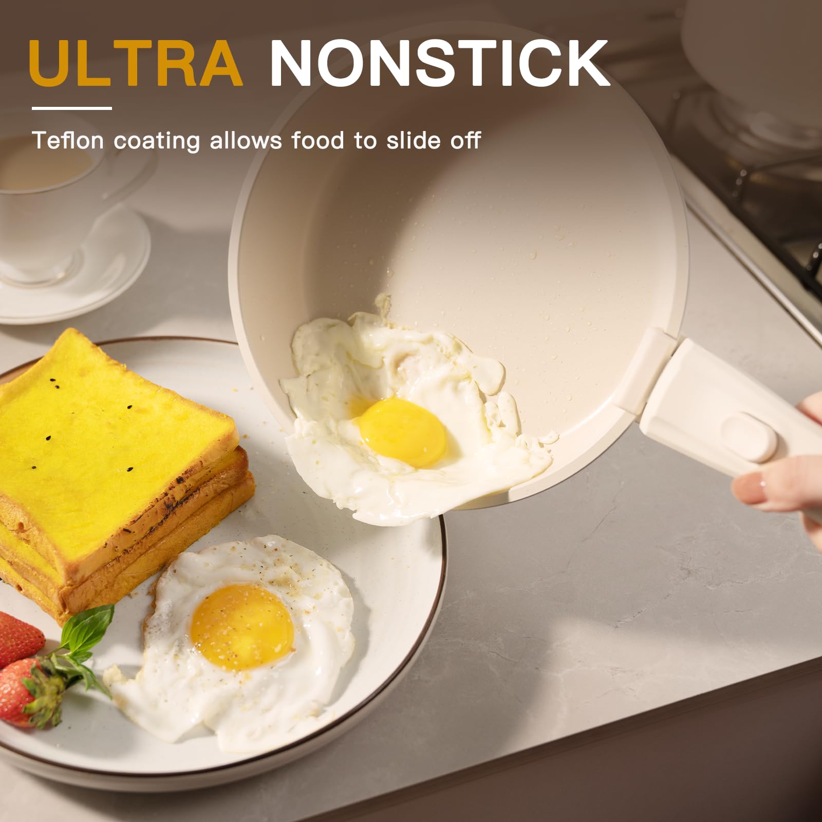 Astercook detachable handle closeup showing secure lock for safe, stable cooking.