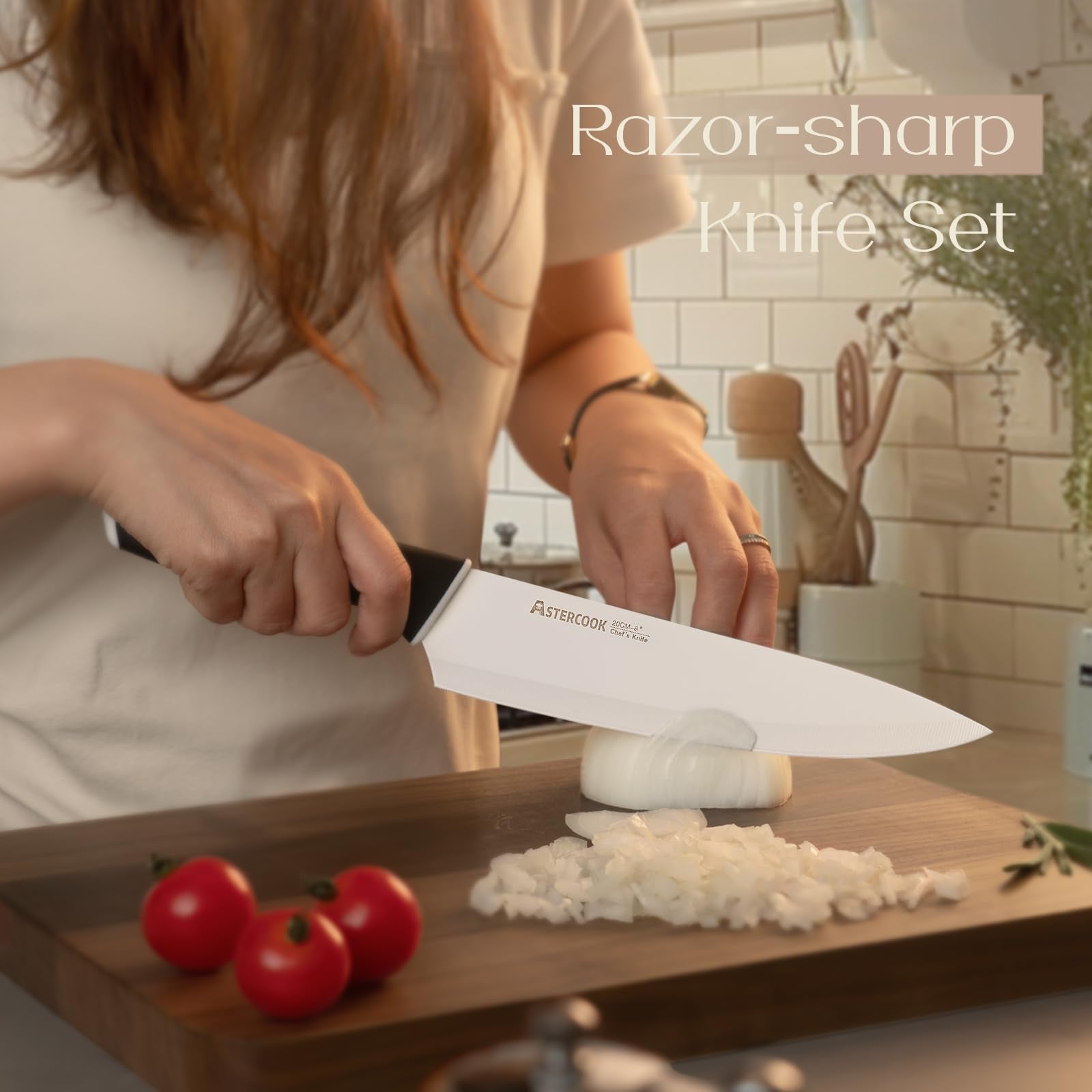 Astercook ergonomic-handle blades shown for comfortable grip during prolonged prep