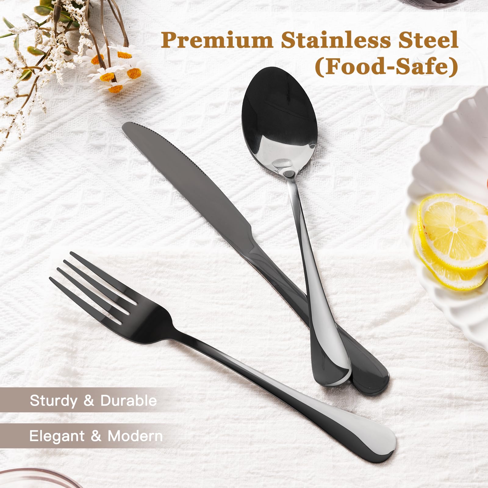 Astercook flatware with black ergonomic handles for comfortable, extended meals.