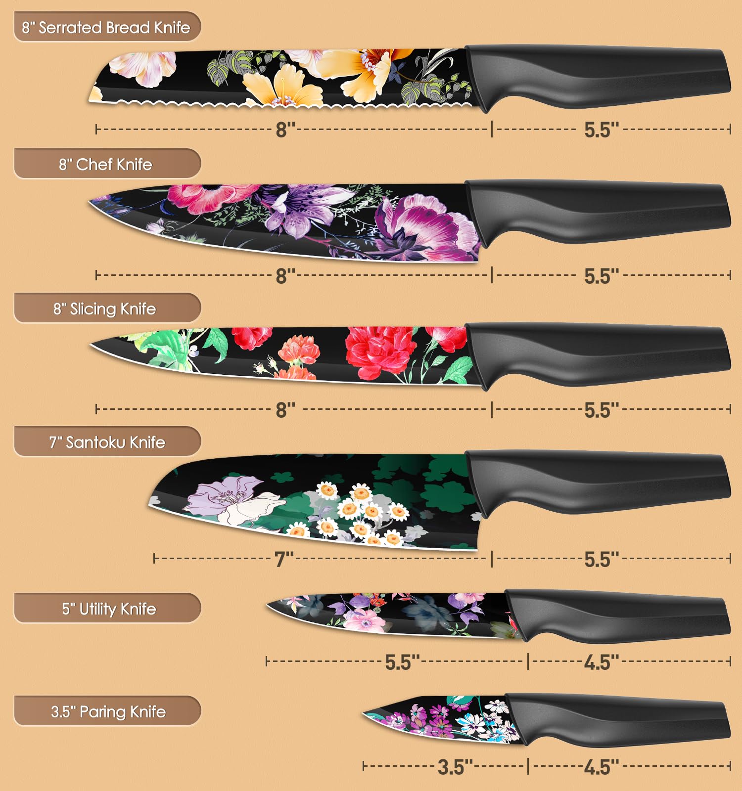 Astercook flower knife set 8-inch bread knife for clean crust cuts.