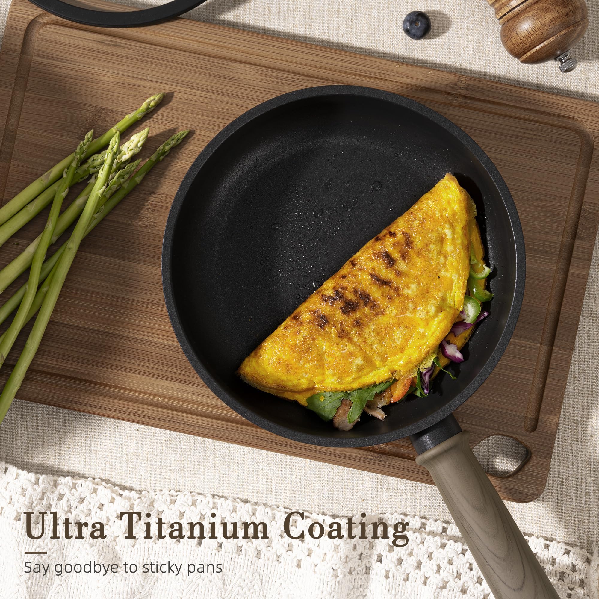 Astercook shatter-resistant glass lids prevent splatters while monitoring cooking.