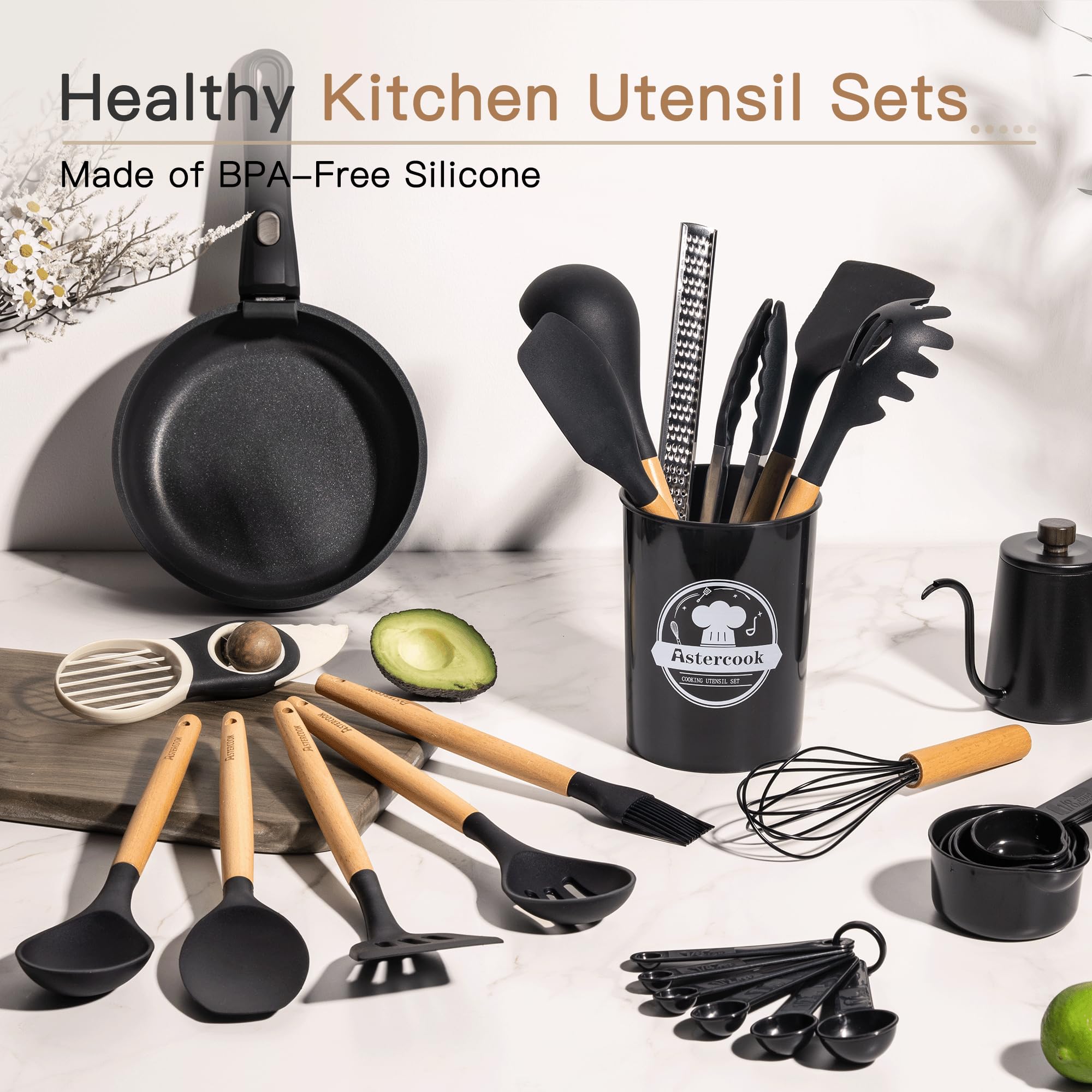 Astercook utensils heat resistant up to 446°F for high-heat sautéing