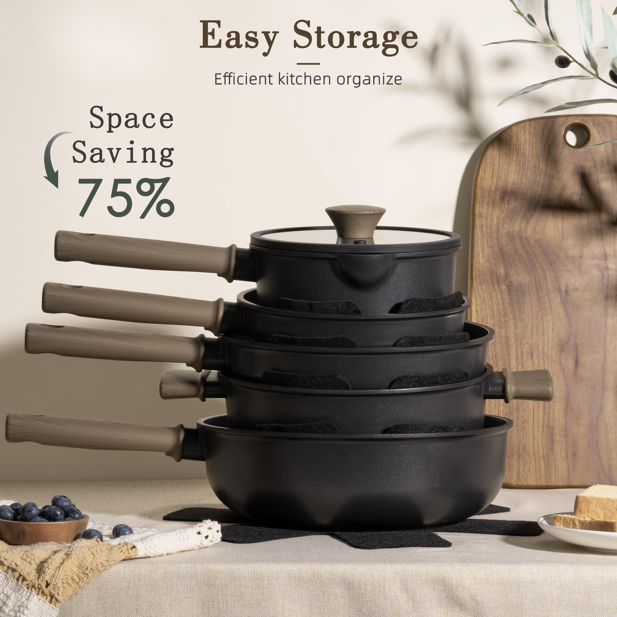 Astercook heat-resistant wood-grain handles provide a secure, comfortable grip.