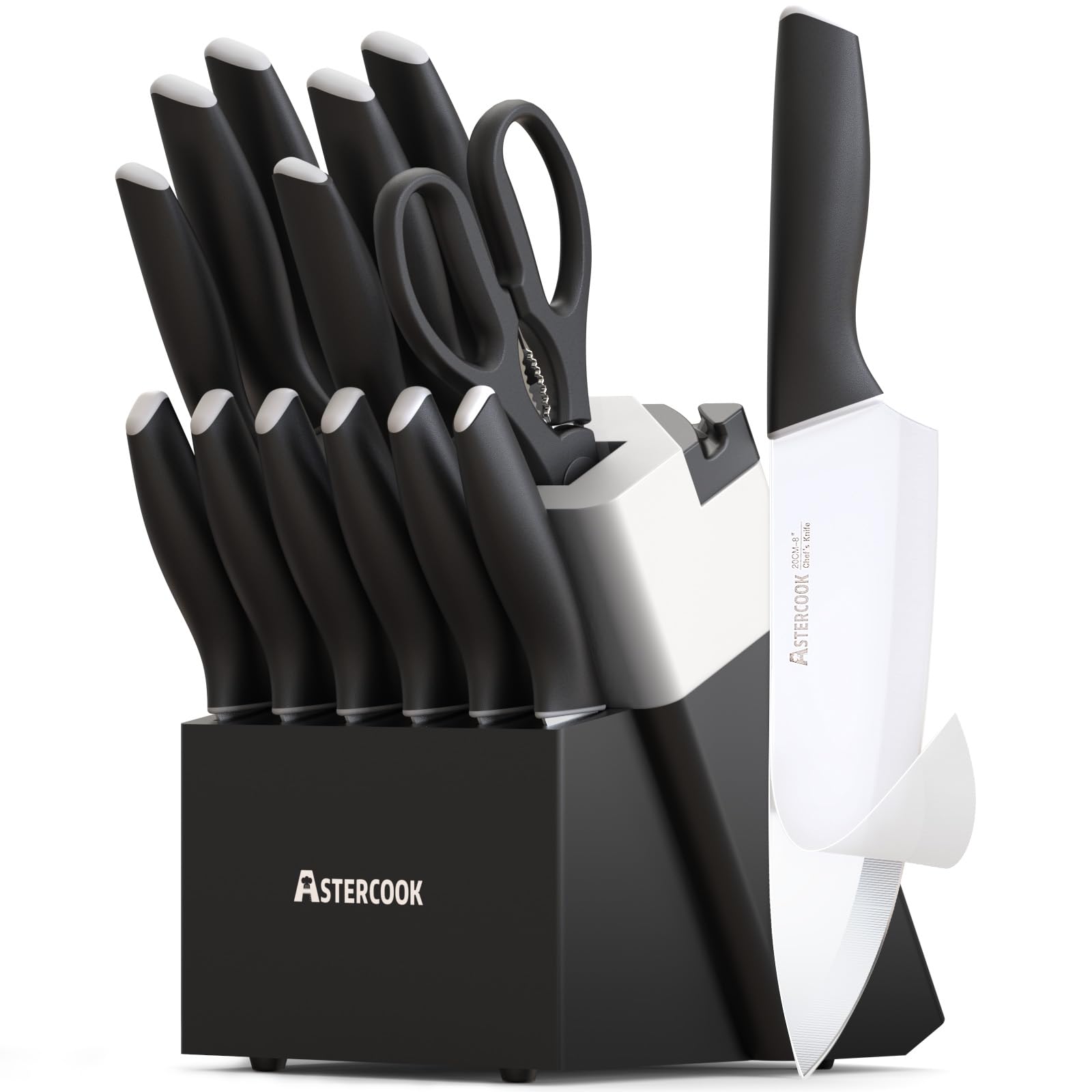 Astercook knife set in block with built-in sharpener for easy edge maintenance