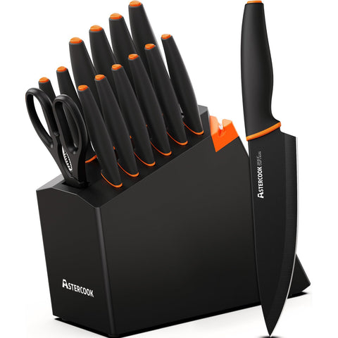 Astercook 15-piece knife set displayed in block for versatile kitchen prep
