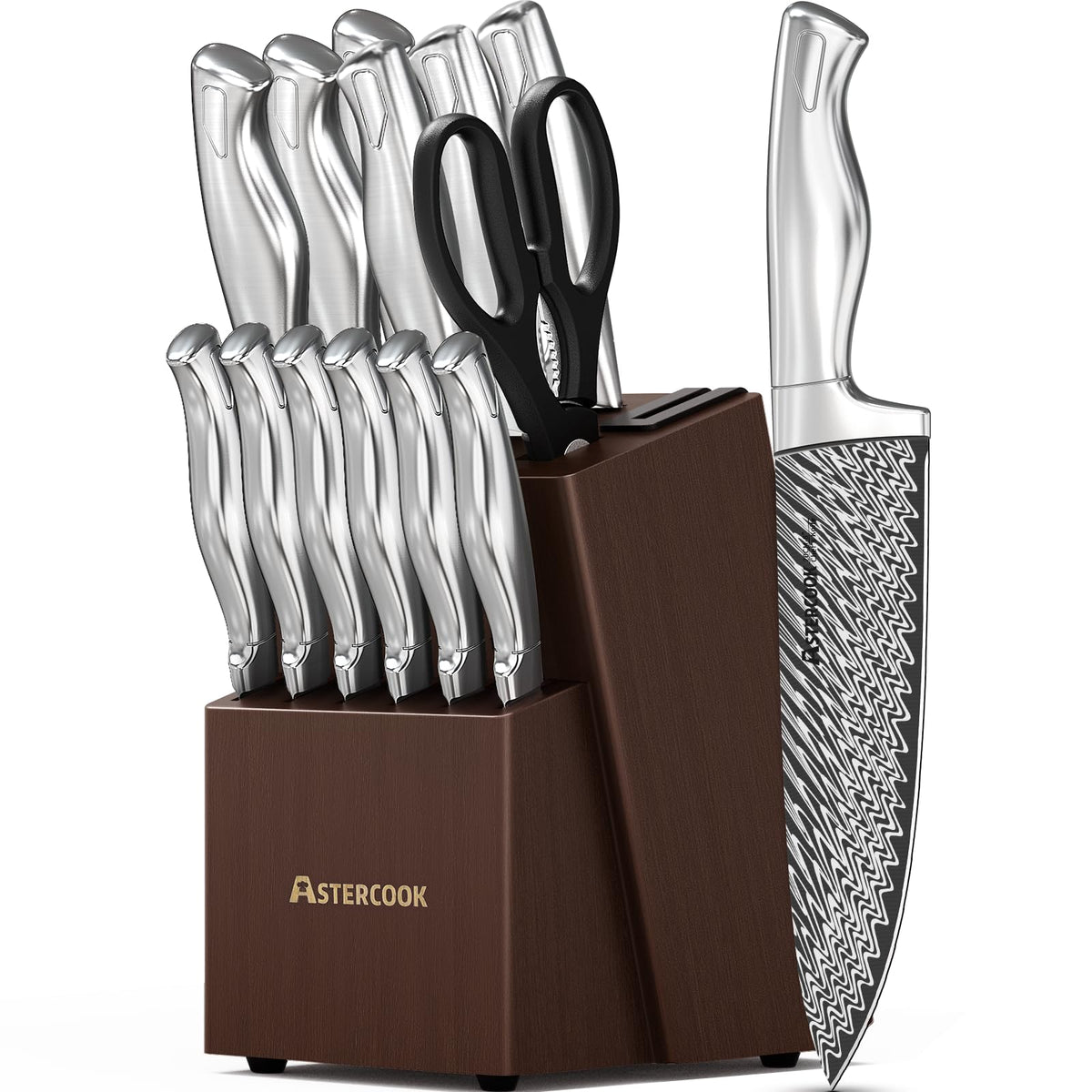 Astercook knife set 15 pieces with built-in sharpener, easy edge touch-ups.