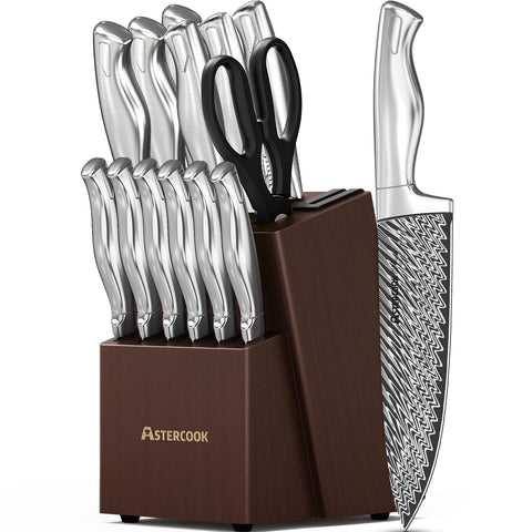 Astercook knife set 15 pieces with built-in sharpener, easy edge touch-ups.