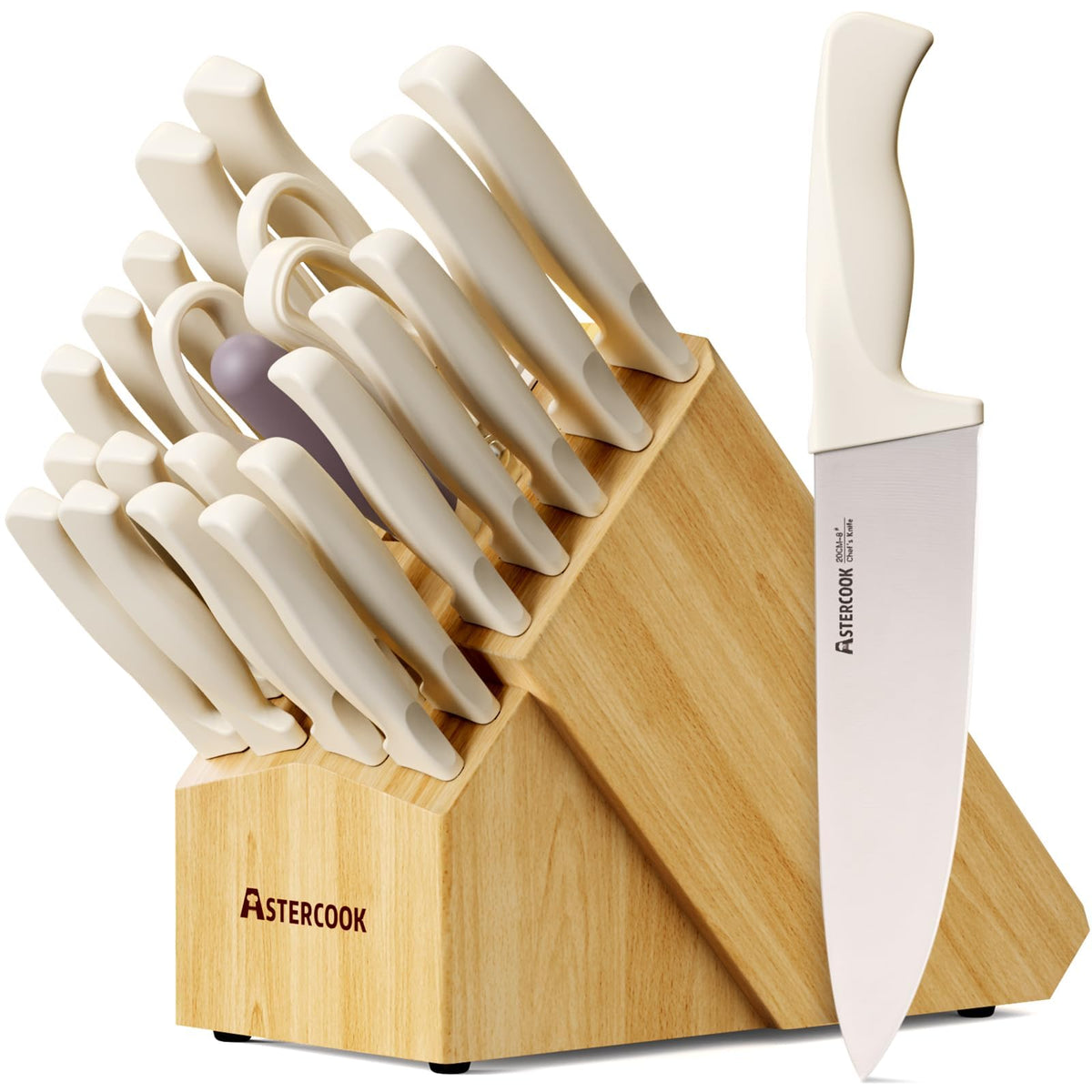 Astercook 22-piece knife set neatly arranged in block with built-in sharpener for easy access