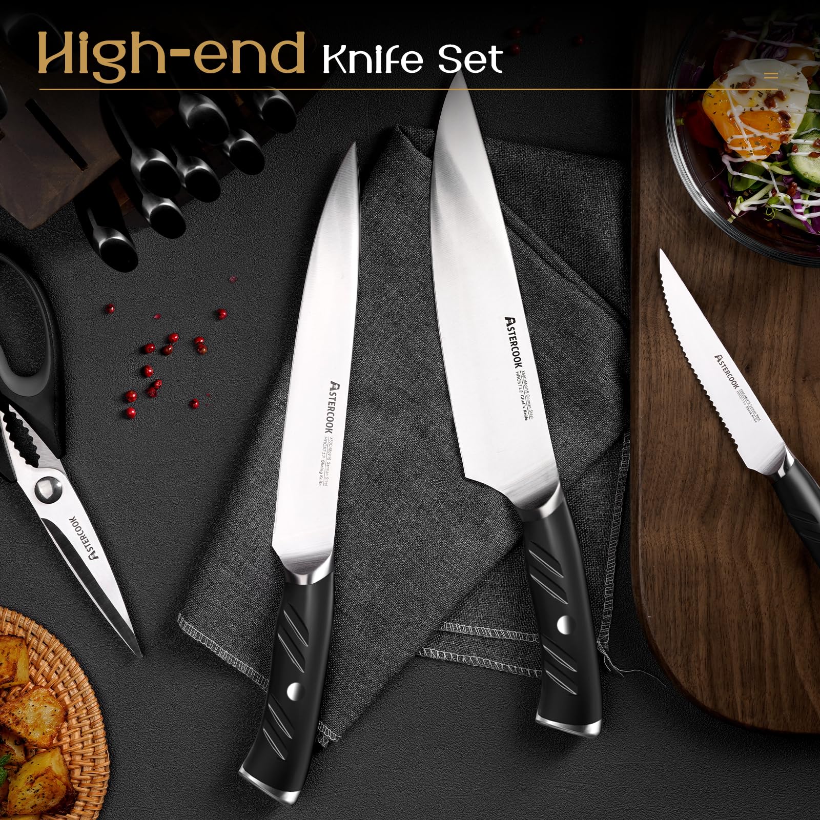 Astercook 6-piece 4.5-inch serrated steak knives add precise portioning.