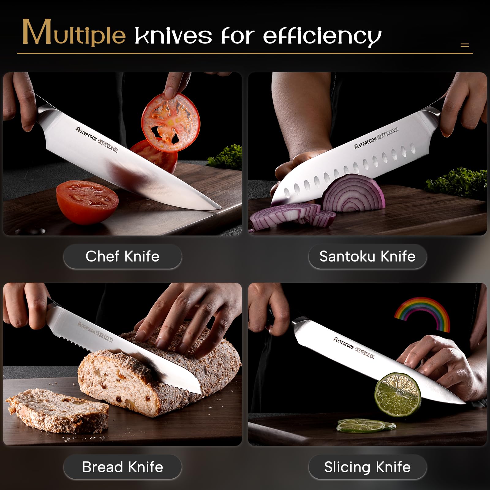 Astercook 8-inch serrated bread knife cleanly slices crusts and soft interiors.