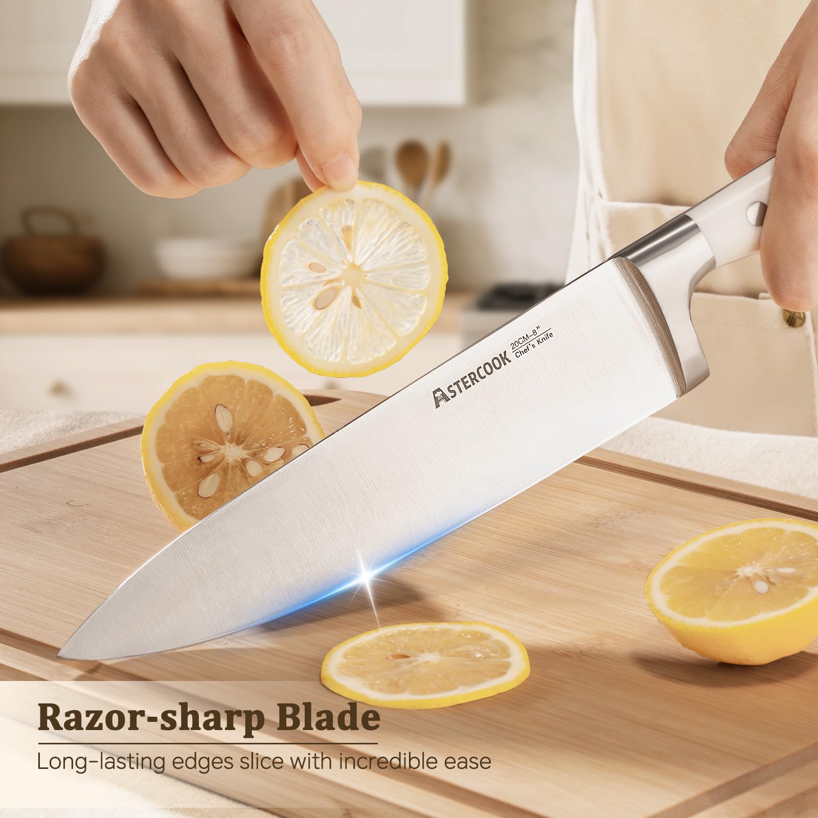 Astercook 8-inch slicing knife delivers clean, even slices.