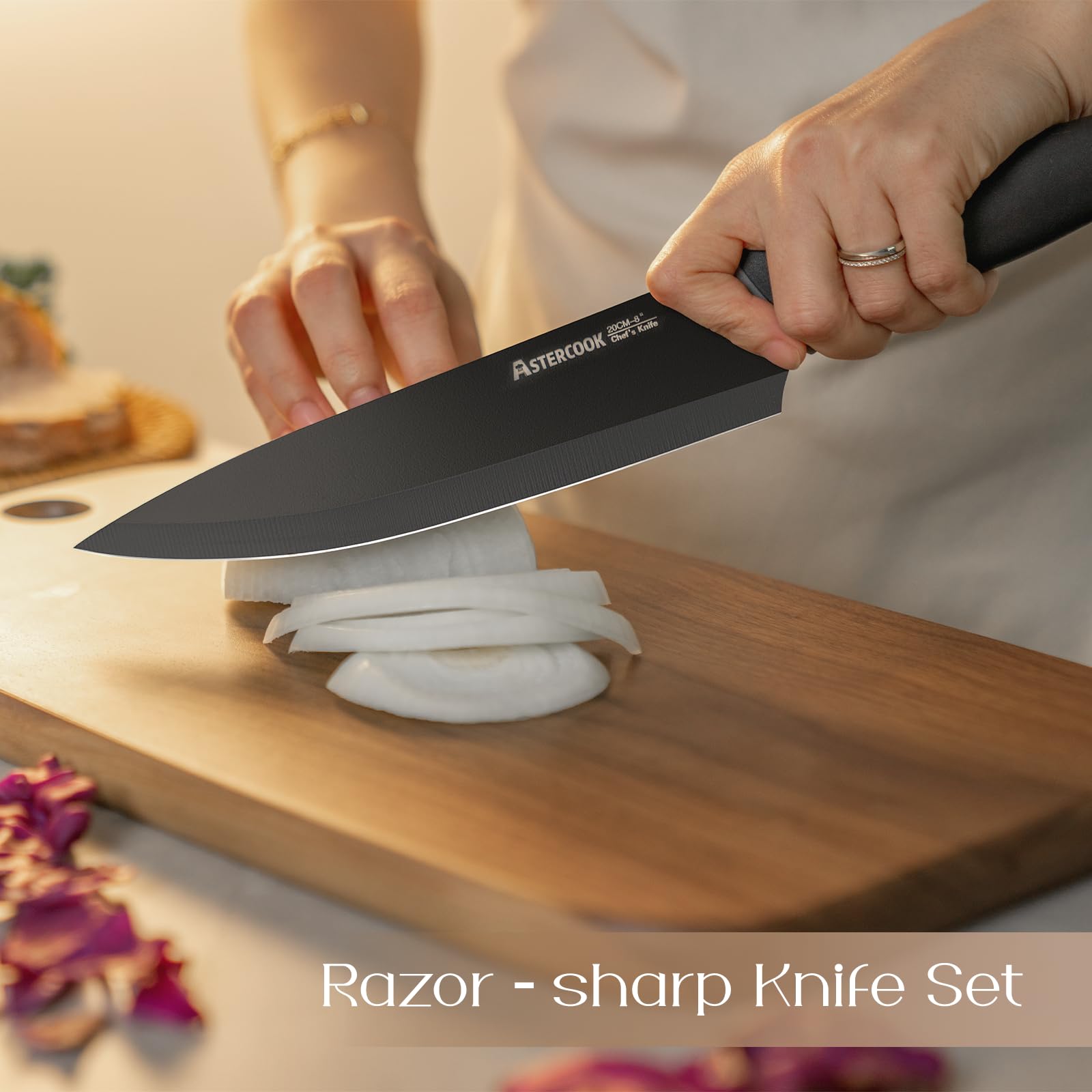 Astercook knife blades close-up highlighting sharp, durable blades for daily cooking
