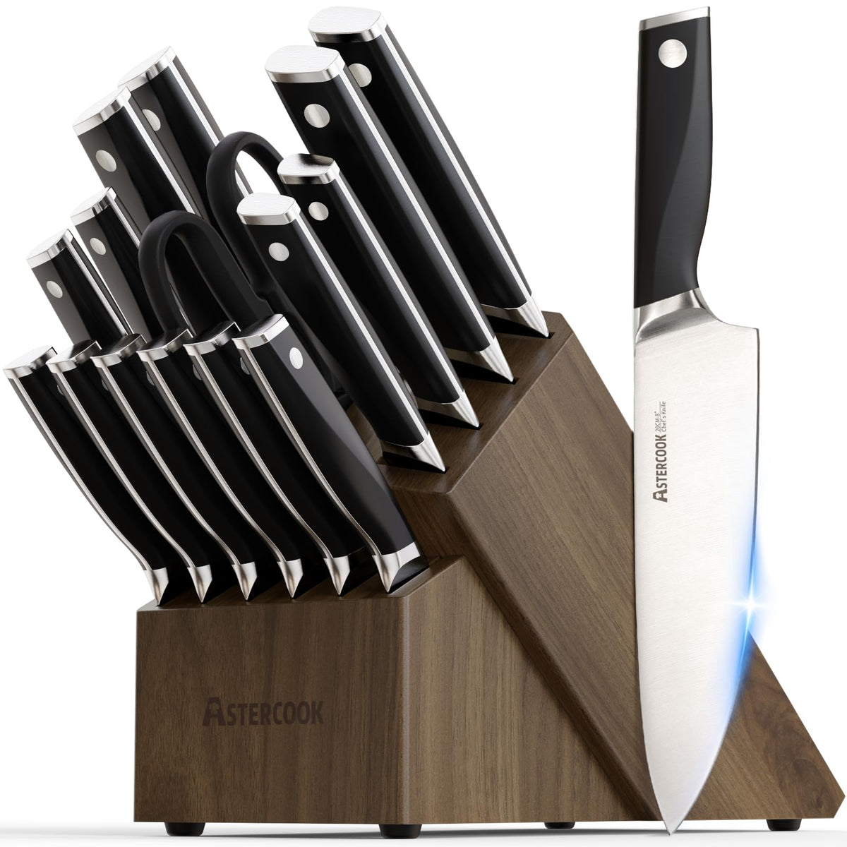 Astercook knife set with block and knives, organized storage for quick prep.