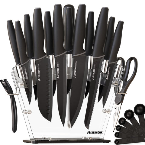 Astercook knife set with clear block front view showing space-saving design for easy access
