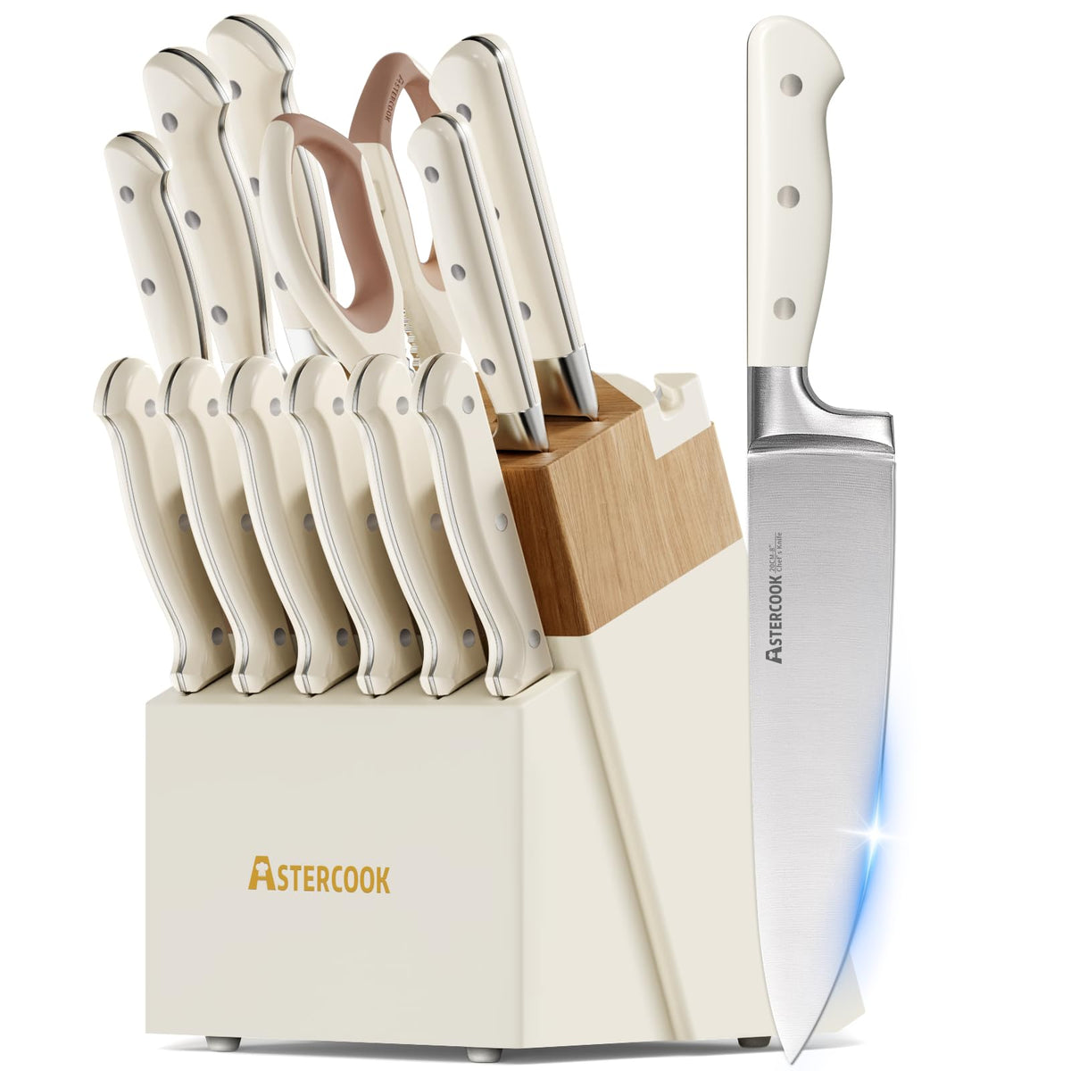 Astercook knife set in cream block with built-in sharpener for easy maintenance