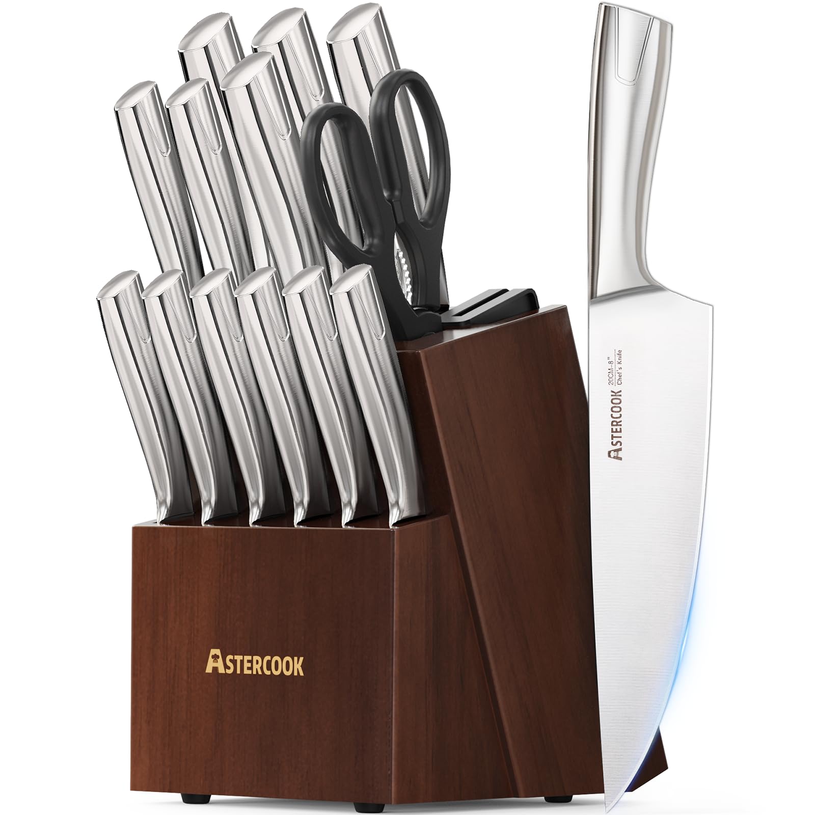 Astercook knife-set block with dual sharpener for quick blade maintenance