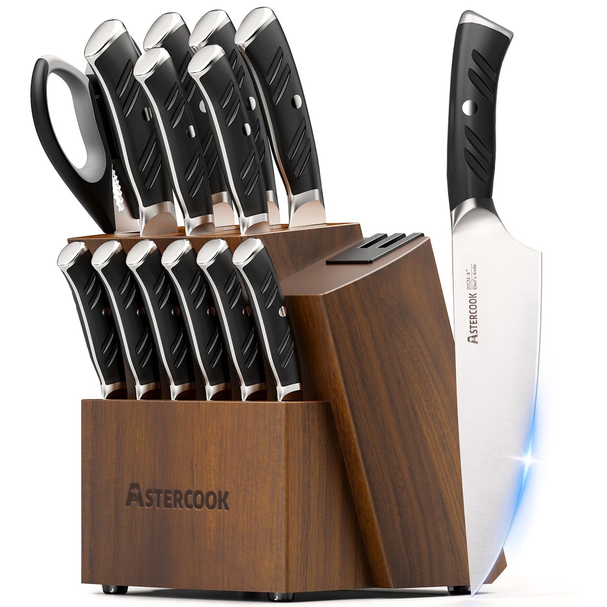 Astercook knife set with block and dual sharpener for easy maintenance and precise edge.