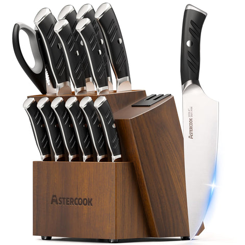 Astercook knife set with block and dual sharpener for easy maintenance and precise edge.