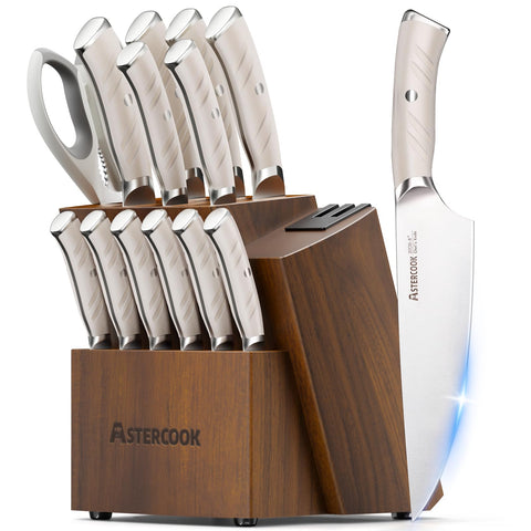Astercook knife block with dual sharpener for organized storage and easy sharpening