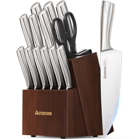 Astercook knife-set block with dual sharpener for quick blade maintenance