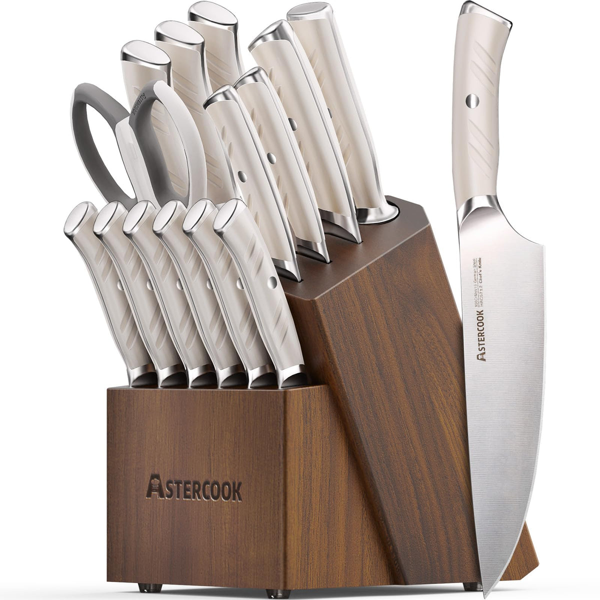 Astercook knife set arranged in a wooden block for organized kitchen prep