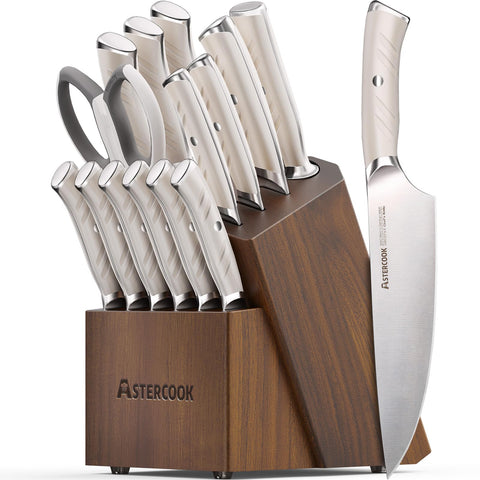 Astercook knife set arranged in a wooden block for organized kitchen prep