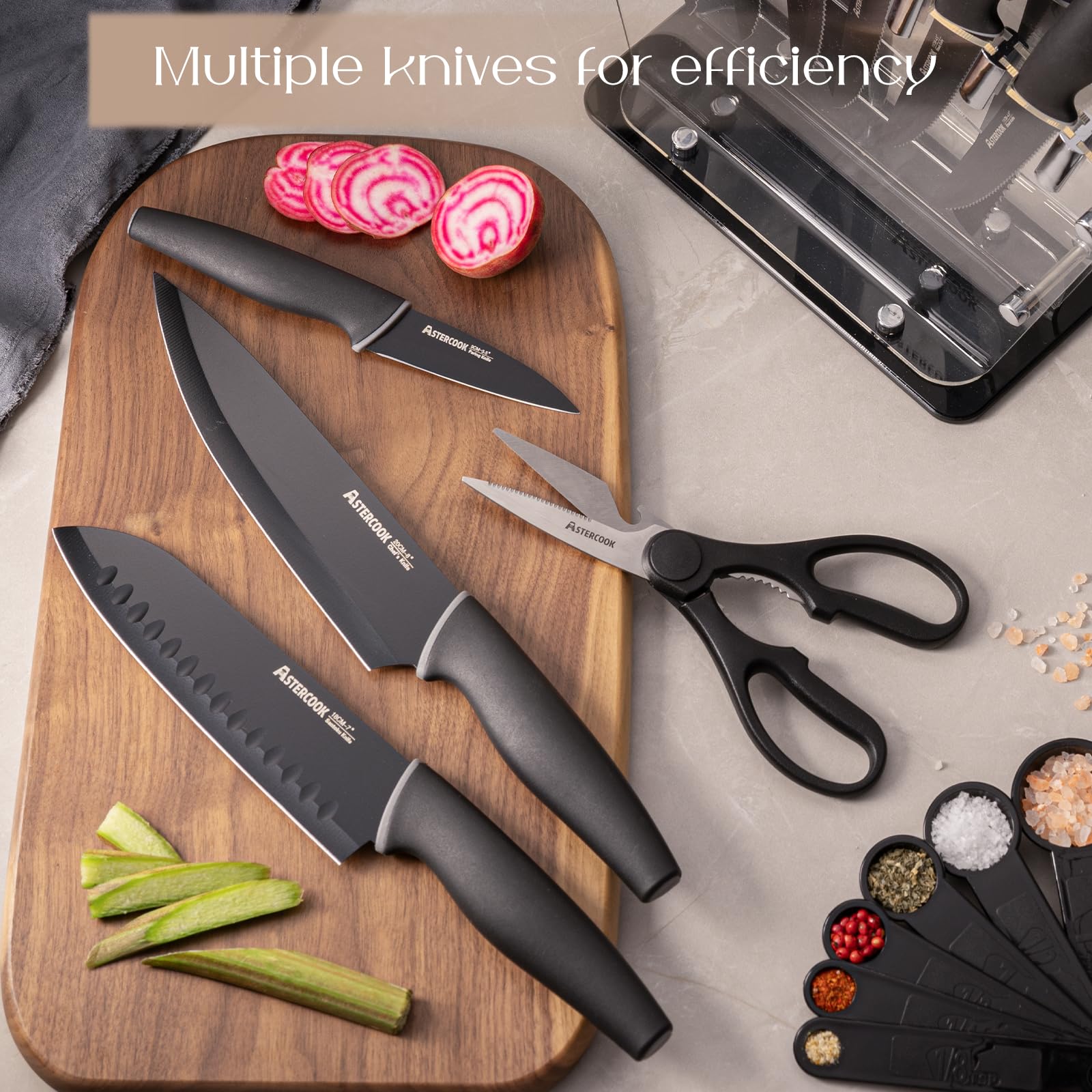 Astercook knife set block open with knives demonstrating organized, ready-to-use prep space