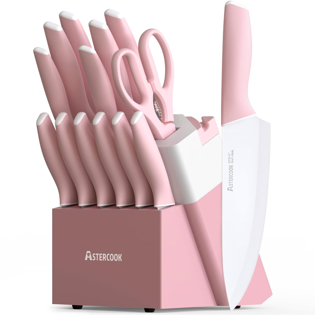 Astercook knife set with block and sharpener for precision prep.