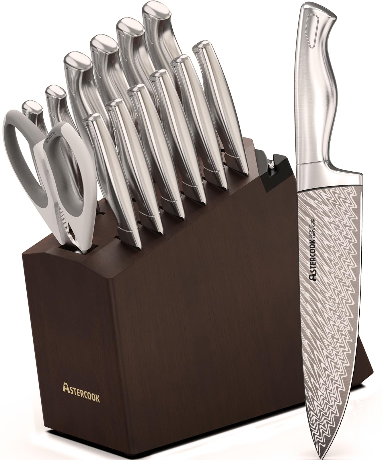 Astercook knife set block showcases premium craftsmanship with built-in sharpener.