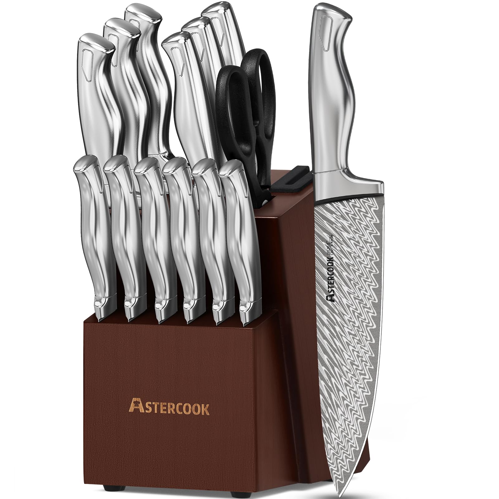 Astercook knife set block with full collection and built in sharpener for easy maintenance.