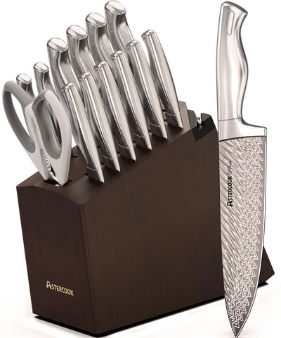 Astercook knife set block showcases premium craftsmanship with built-in sharpener.