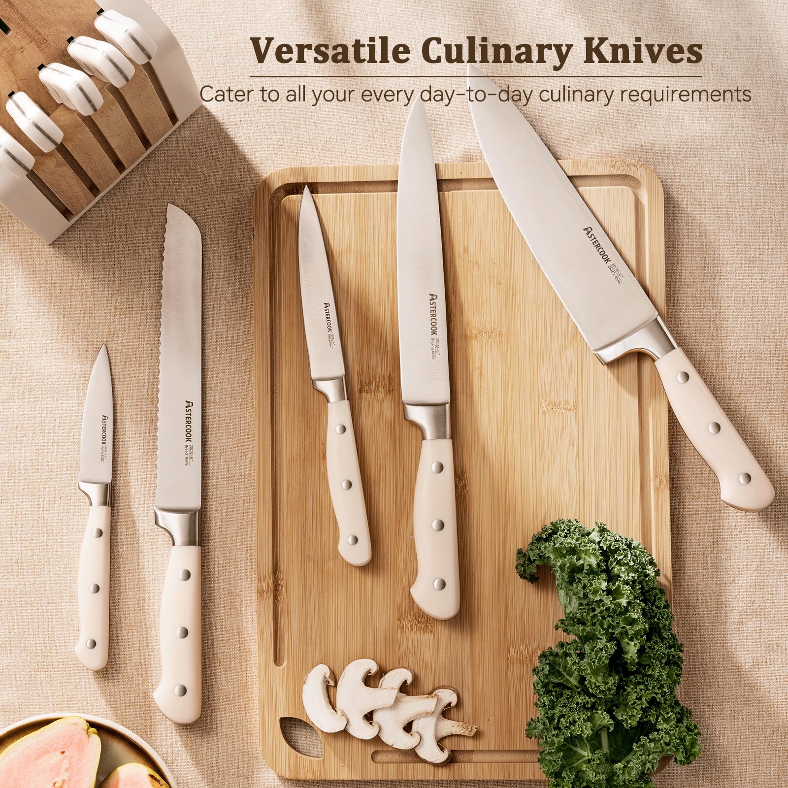 Astercook block with built-in sharpener keeps blades ready.