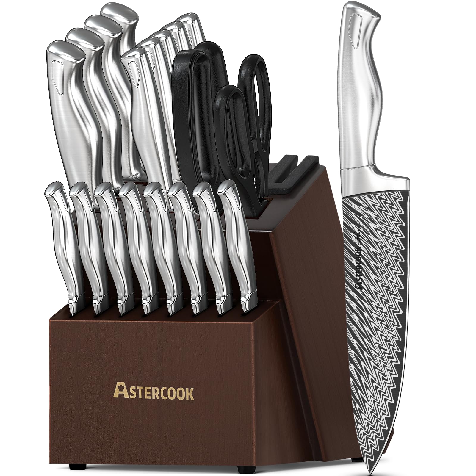 Astercook knife set built-in sharpener in block for easy edge maintenance