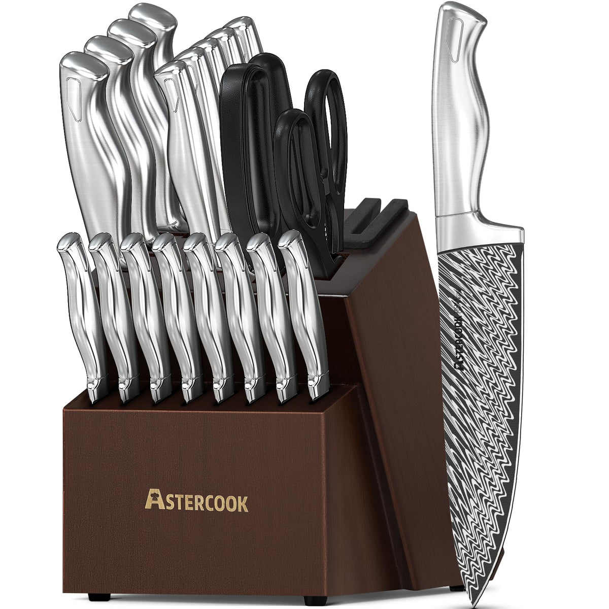 Astercook knife set built-in sharpener in block for easy edge maintenance