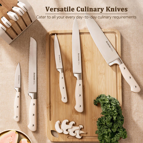 Astercook block with built-in sharpener keeps blades ready.